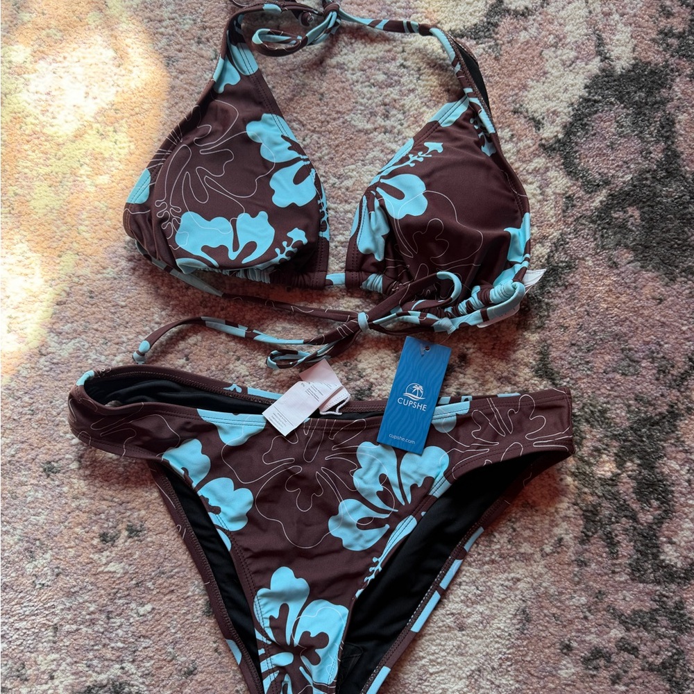 Cupshe Brown & Light Blue Floral Halter Bikini